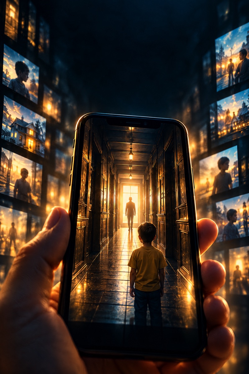 Cover art for BOX: a hand holding a phone, a child in a lit corridor inside the screen